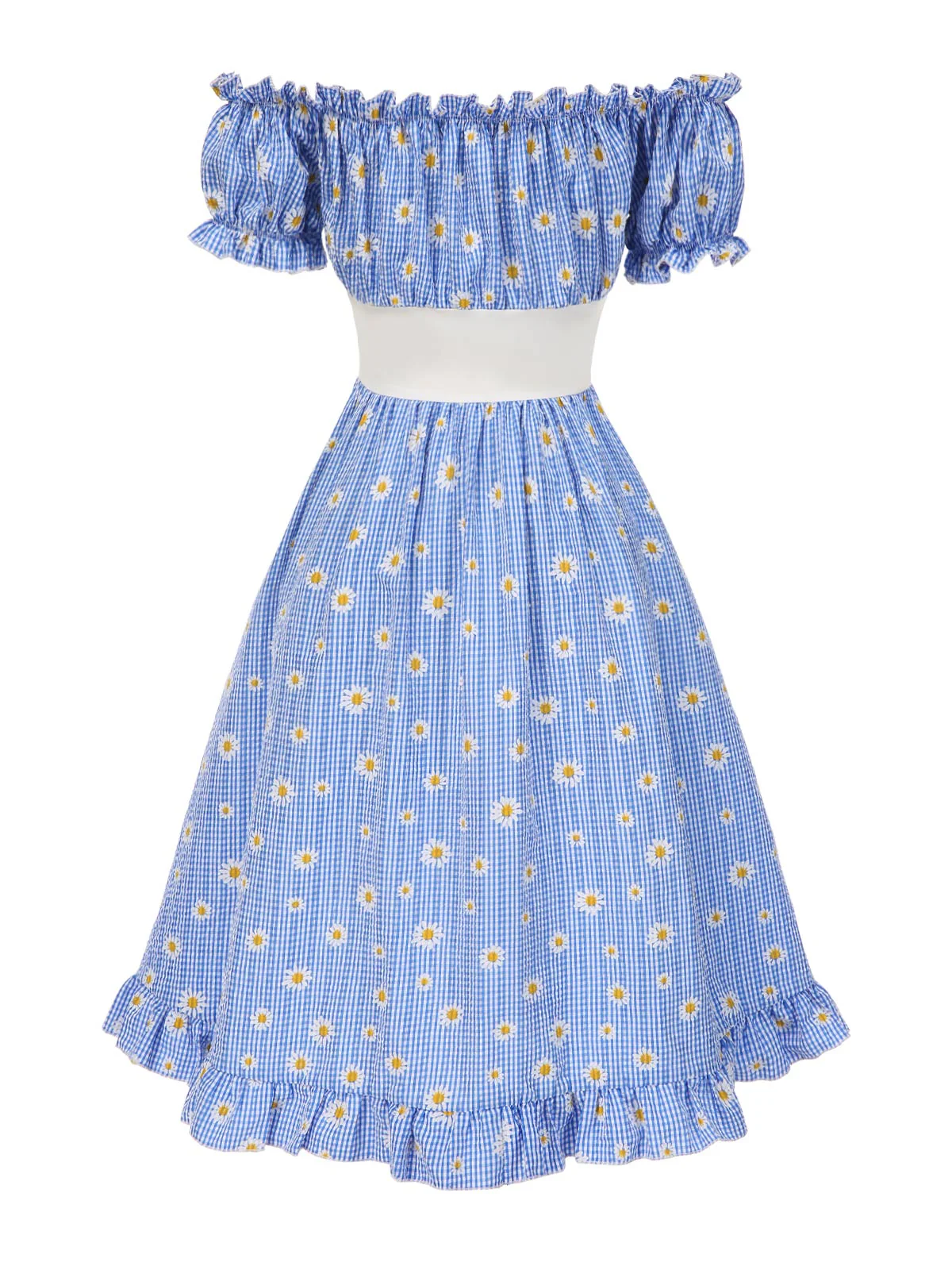 Blau 1950er Schulterfrei Plaids Gänseblümchen Schnürung Kleid - Image 4