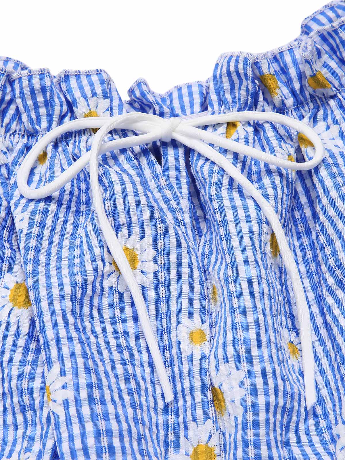 Blau 1950er Schulterfrei Plaids Gänseblümchen Schnürung Kleid - Image 5