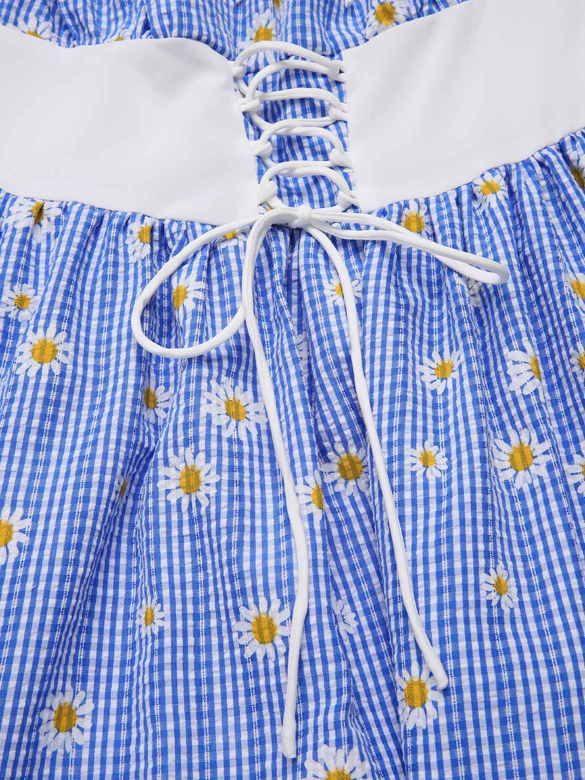 Blau 1950er Schulterfrei Plaids Gänseblümchen Schnürung Kleid - Image 6