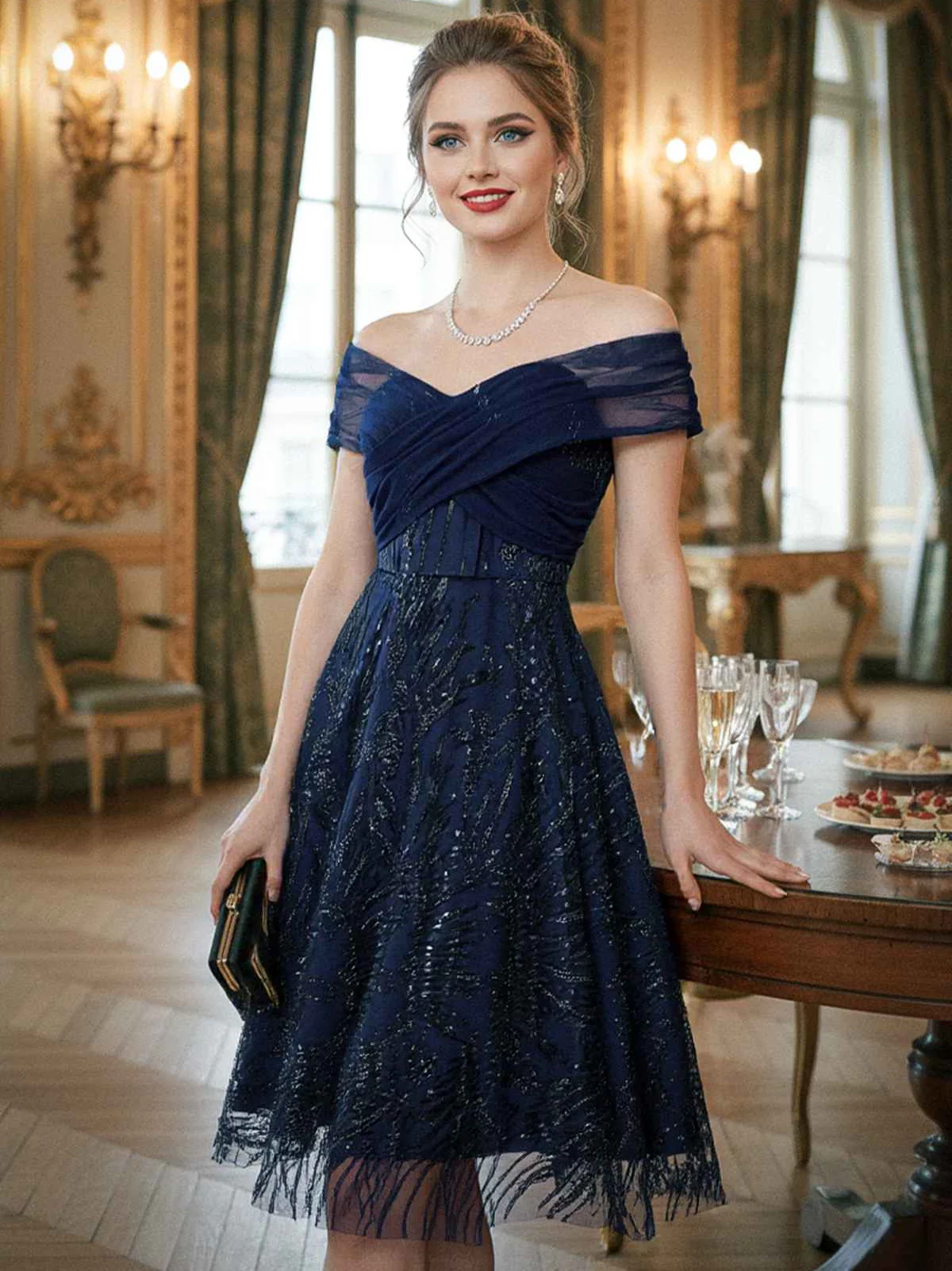 Blau 1950er Schulterfrei Stickerei Pailletten Blumen Kleid - Image 2