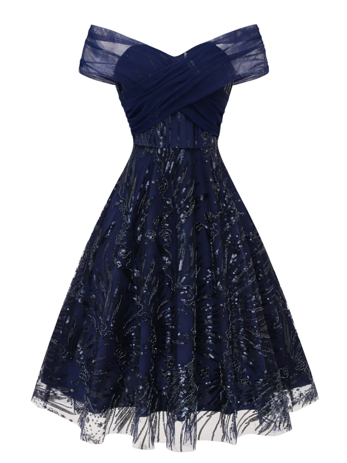 Blau 1950er Schulterfrei Stickerei Pailletten Blumen Kleid - Image 3