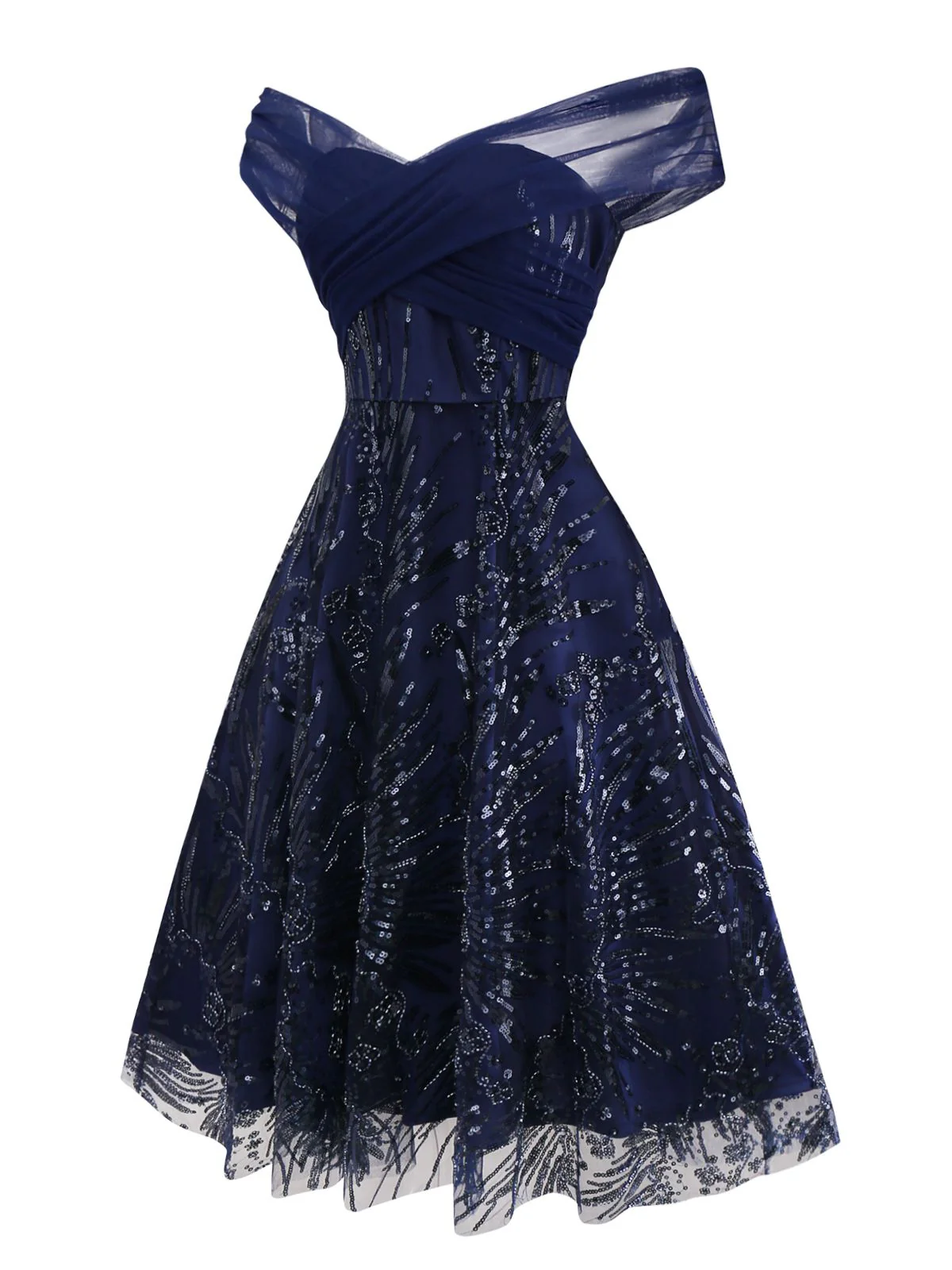 Blau 1950er Schulterfrei Stickerei Pailletten Blumen Kleid - Image 4