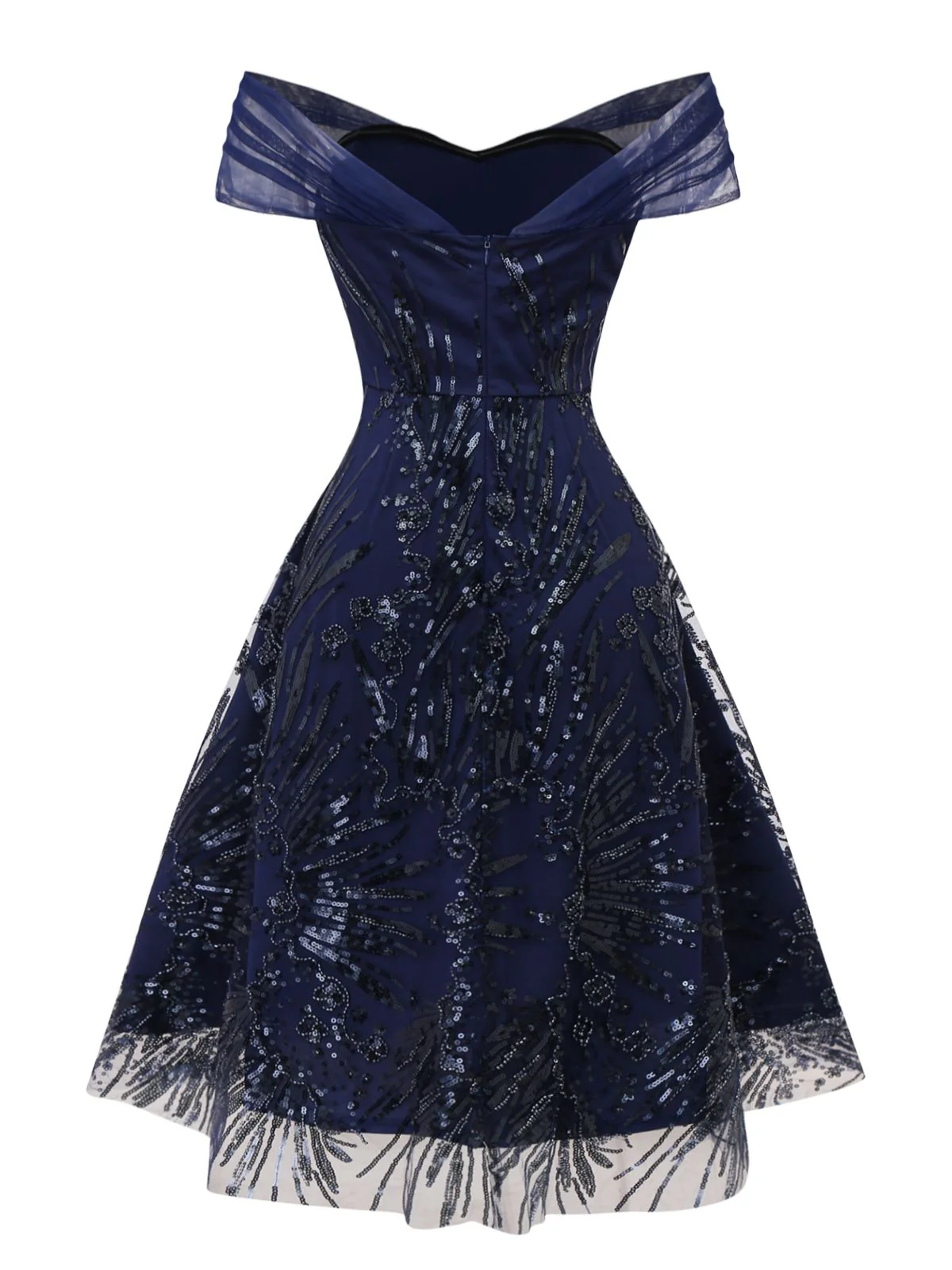 Blau 1950er Schulterfrei Stickerei Pailletten Blumen Kleid - Image 5