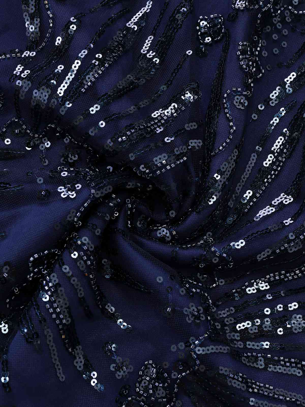 Blau 1950er Schulterfrei Stickerei Pailletten Blumen Kleid - Image 8