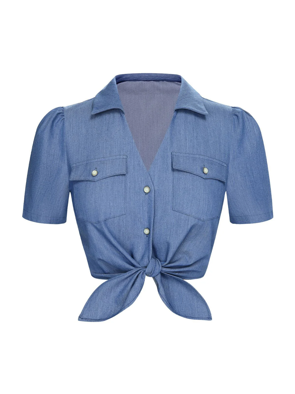 Blau 1950er Solide Reversbluse mit Taillenschnürung - Image 2