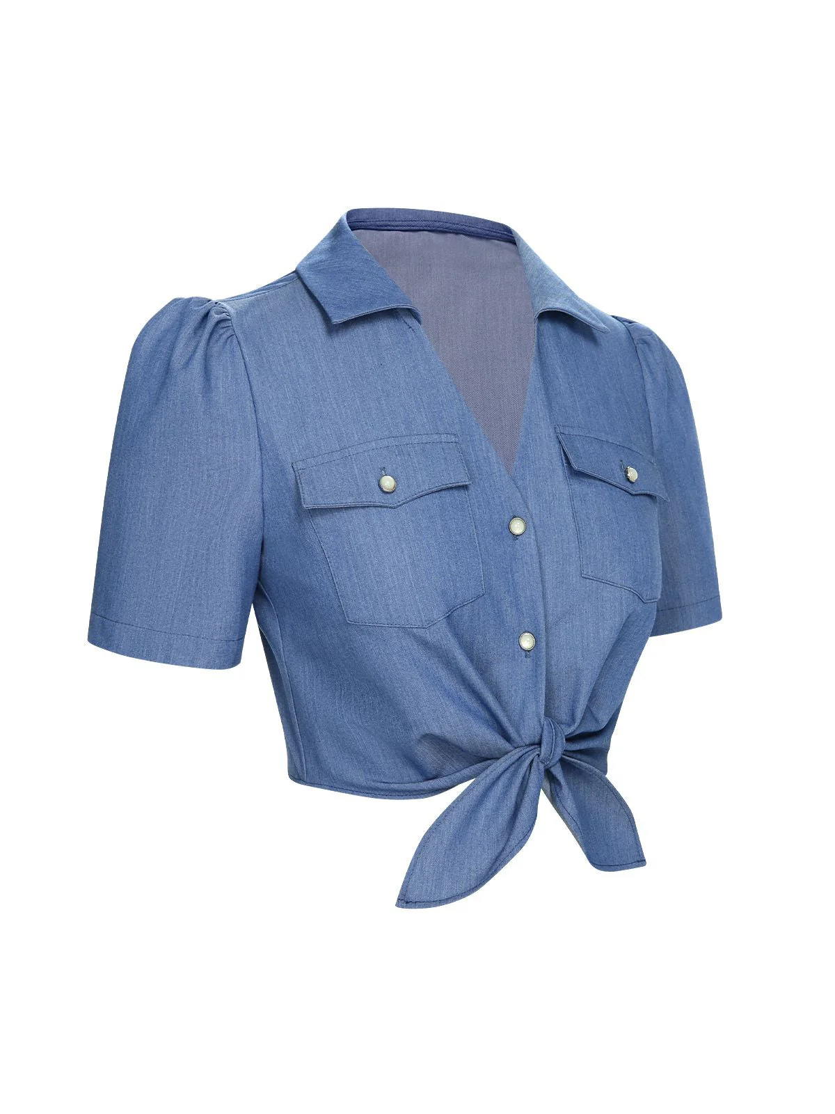 Blau 1950er Solide Reversbluse mit Taillenschnürung - Image 3