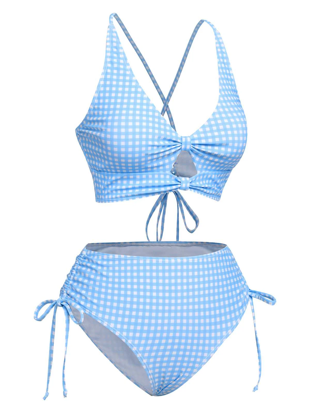 Blau 1950er Spaghetti Träger Plaids Badeanzug - Image 3