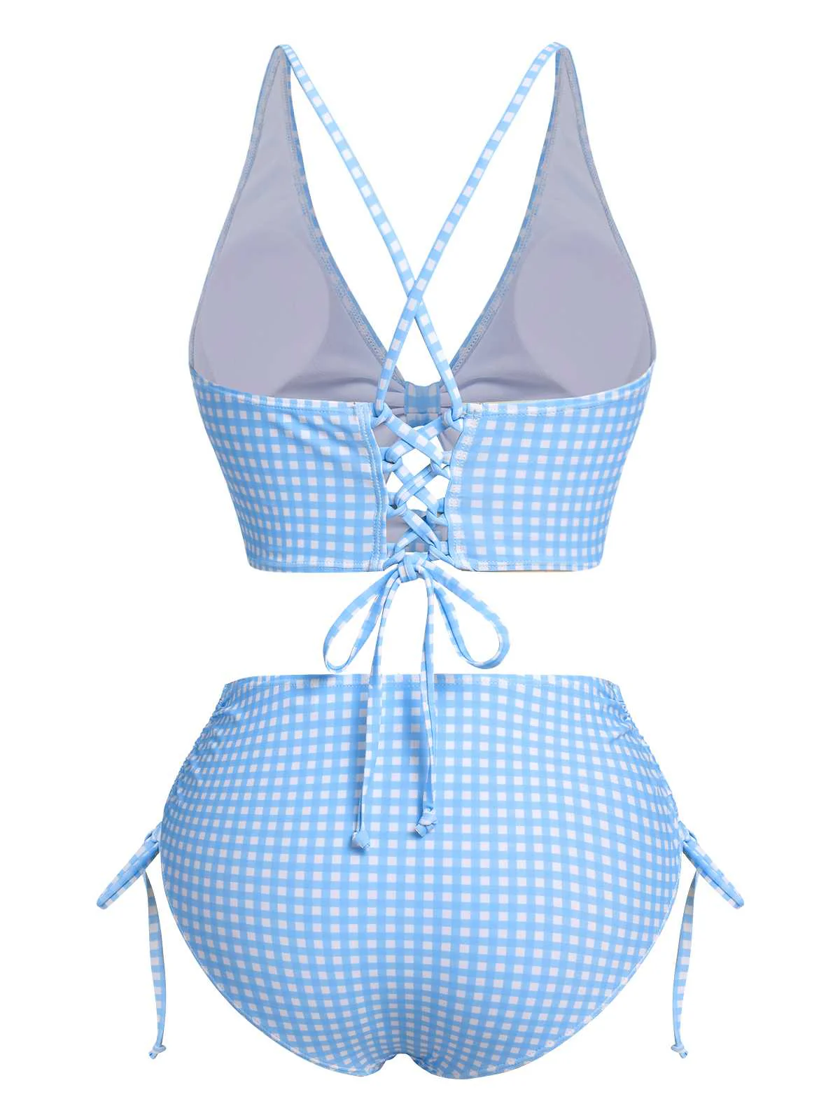 Blau 1950er Spaghetti Träger Plaids Badeanzug - Image 4