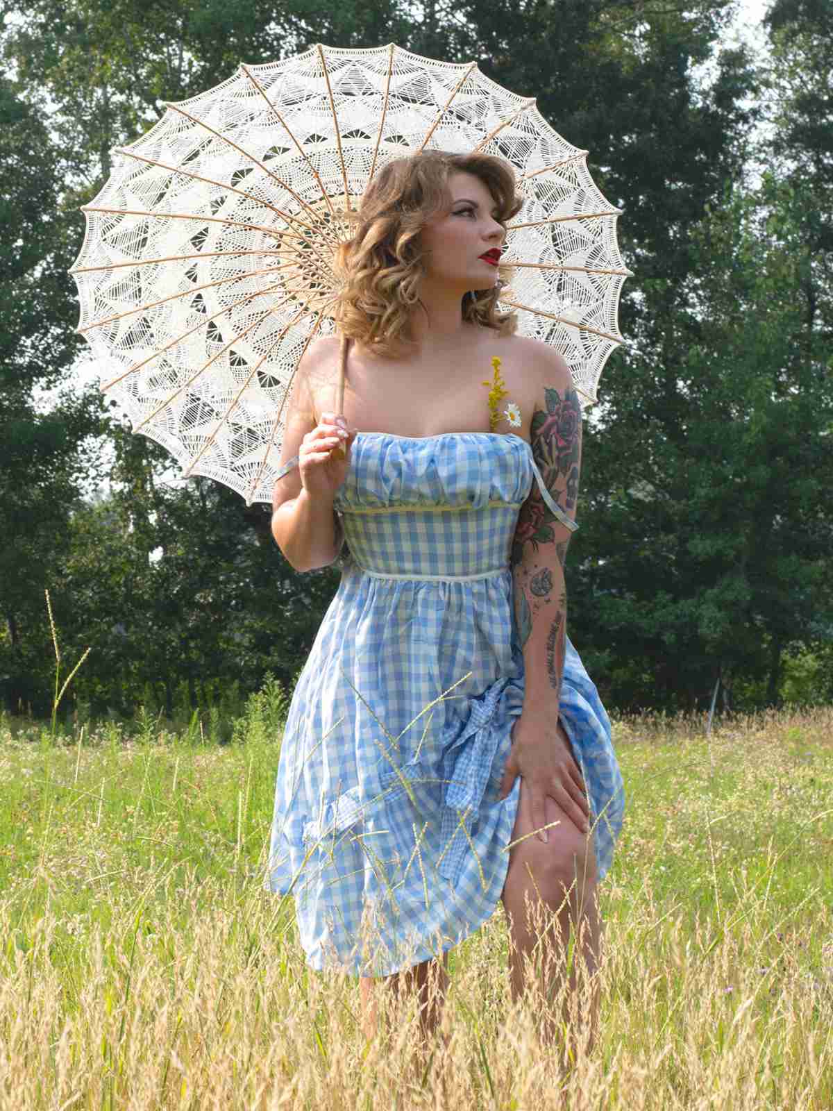 Blau 1950er Spaghettiträger Plaids Schleife Dekor Kleid - Image 3