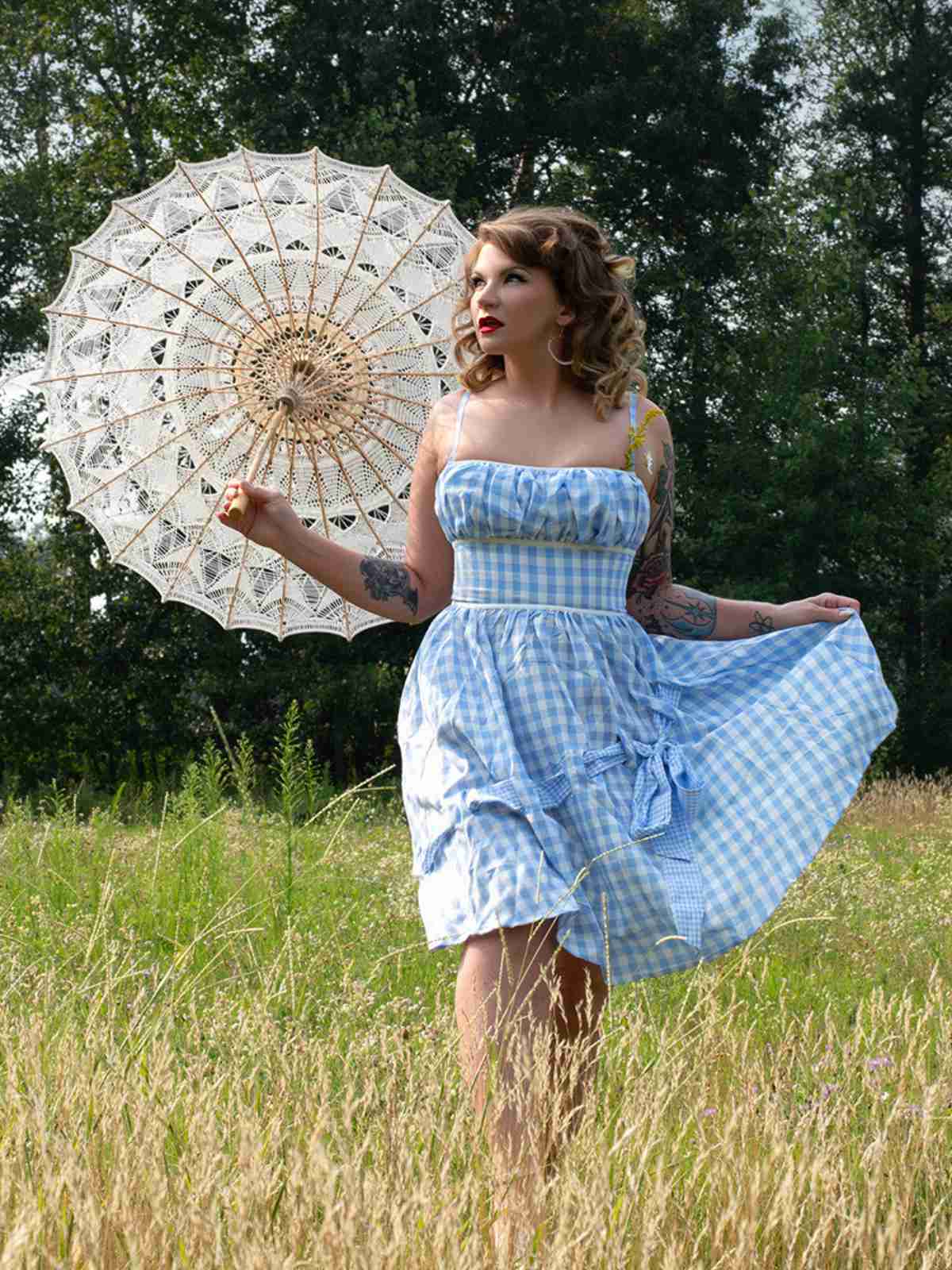 Blau 1950er Spaghettiträger Plaids Schleife Dekor Kleid - Image 2