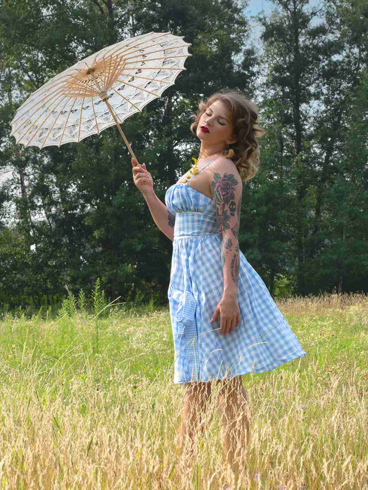 Blau 1950er Spaghettiträger Plaids Schleife Dekor Kleid - Image 3