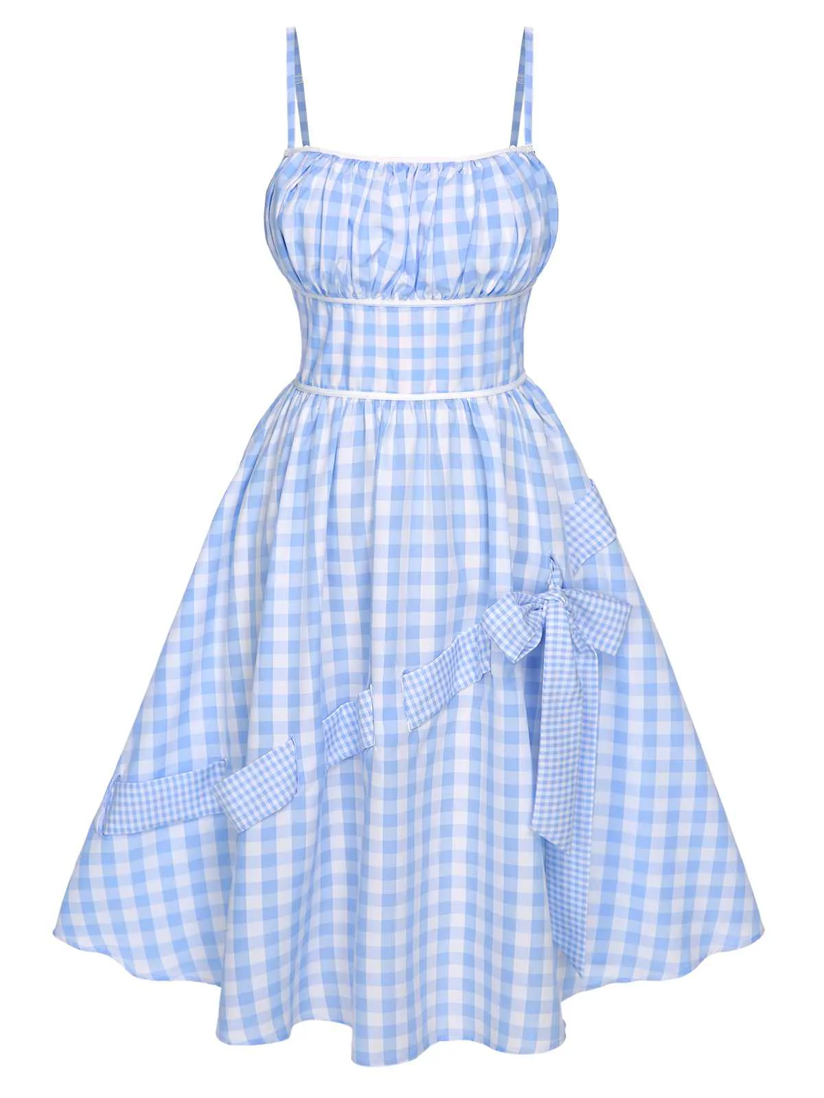 Blau 1950er Spaghettiträger Plaids Schleife Dekor Kleid - Image 4