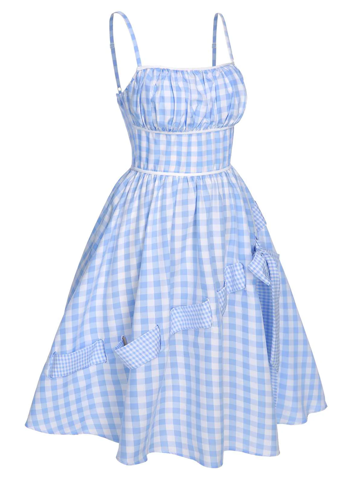 Blau 1950er Spaghettiträger Plaids Schleife Dekor Kleid - Image 5