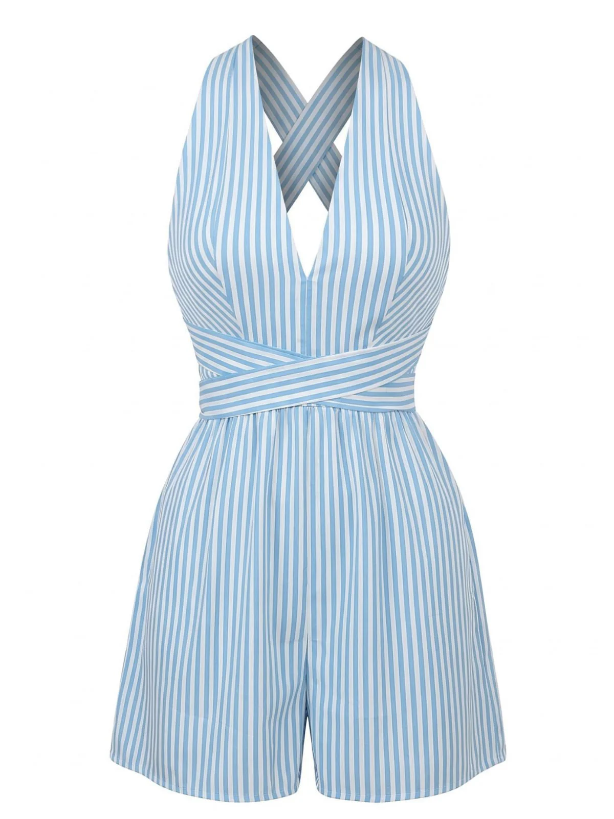 Blau 1950er Streifen V-Ausschnitt Ärmellos Überkreuzt Gürtel Romper - Image 2
