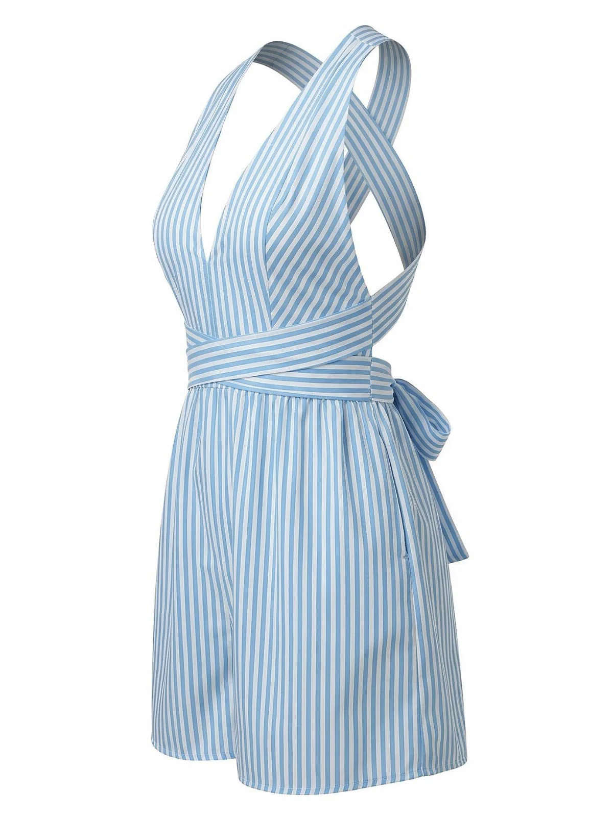 Blau 1950er Streifen V-Ausschnitt Ärmellos Überkreuzt Gürtel Romper - Image 3