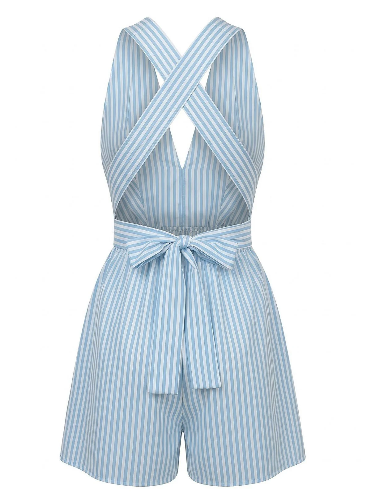 Blau 1950er Streifen V-Ausschnitt Ärmellos Überkreuzt Gürtel Romper - Image 4