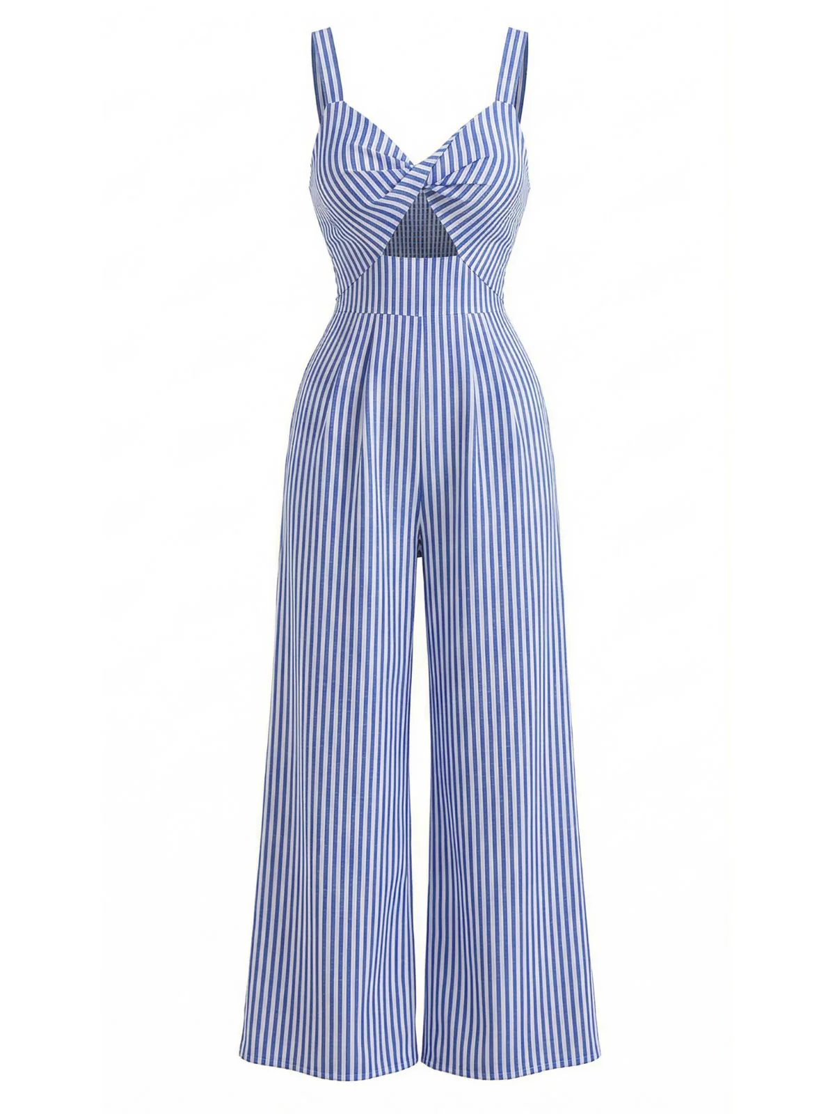 Blau 1950er Streifen Verdreht Cutout V-Ausschnitt Jumpsuit - Image 3
