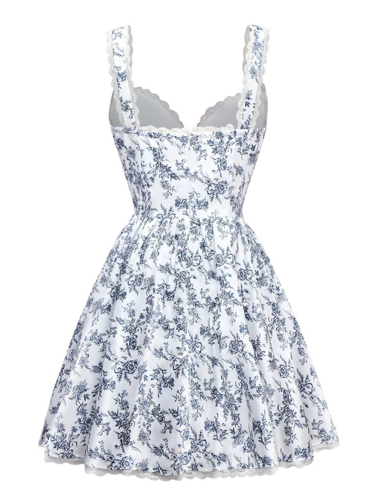 Blau 1950er Träger Blumen Spitze Korsett Kleid - Image 2