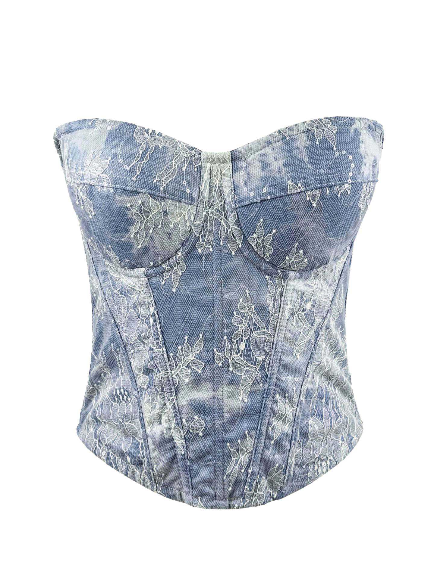 Blau 1950er Träger Denim Spitze Korsett Top - Image 2