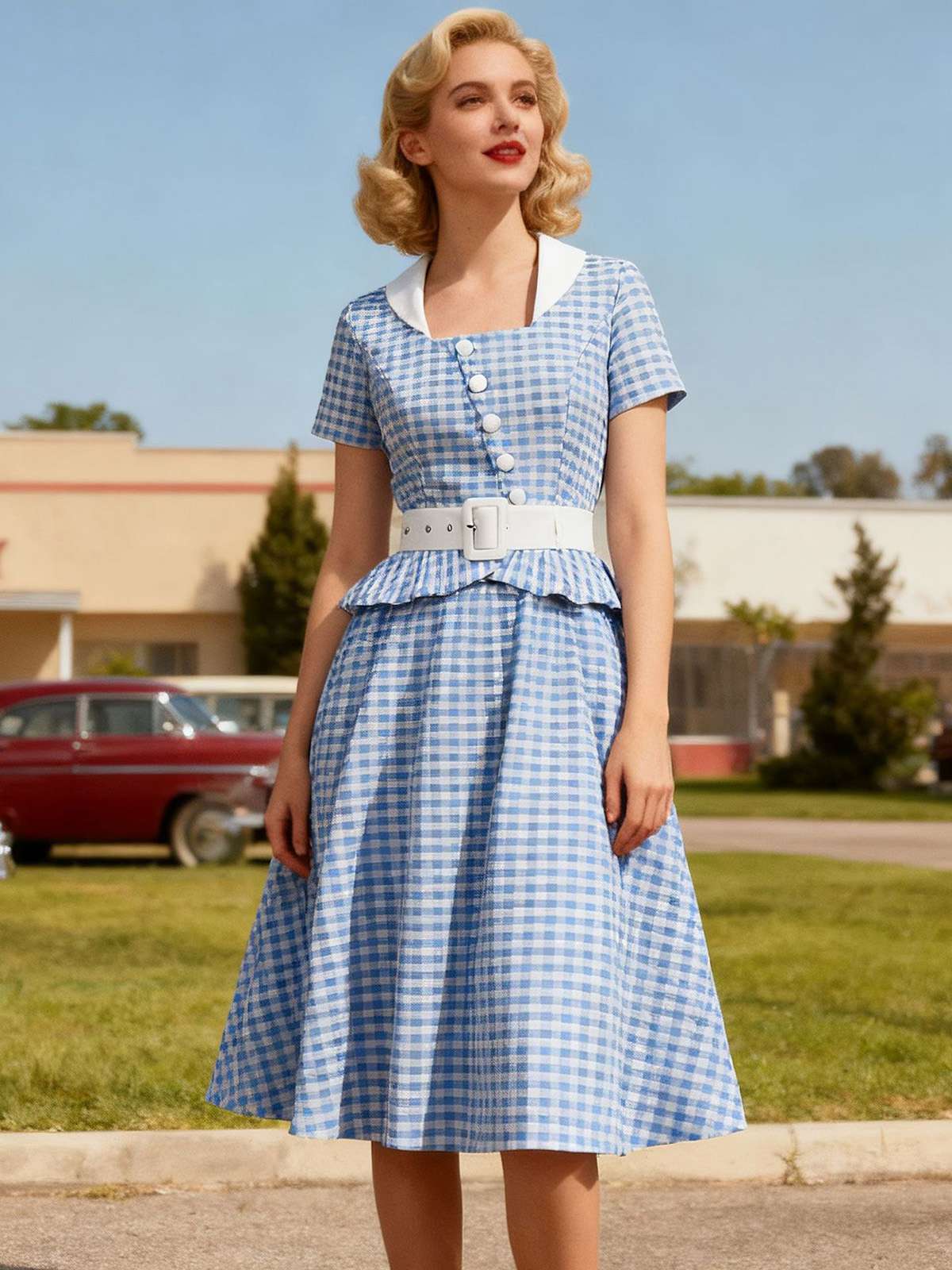 Blau 1950er Vichy-Karo Rüschen Schwing Kleid - Image 2
