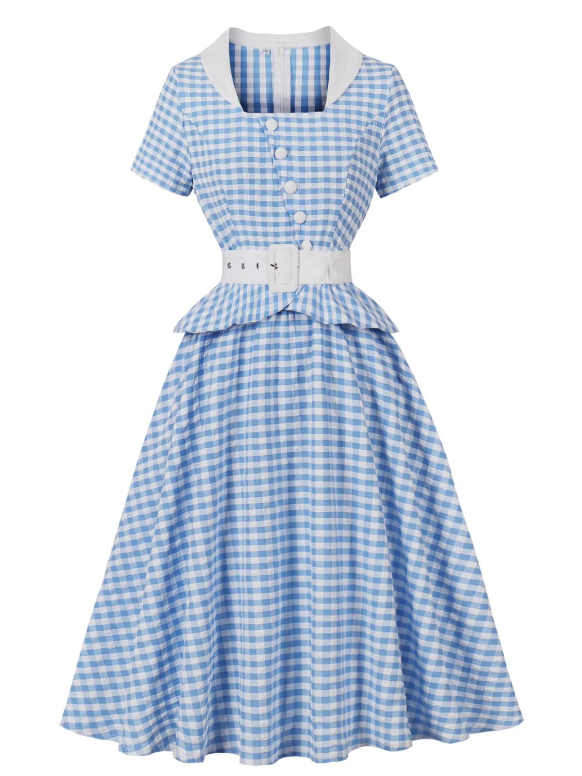 Blau 1950er Vichy-Karo Rüschen Schwing Kleid - Image 3