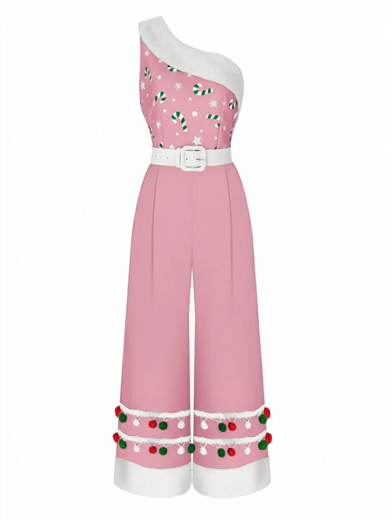 Blau 1950er Weihnachten Eine Schulter Fellknäuel Gürtel Jumpsuit - Image 2