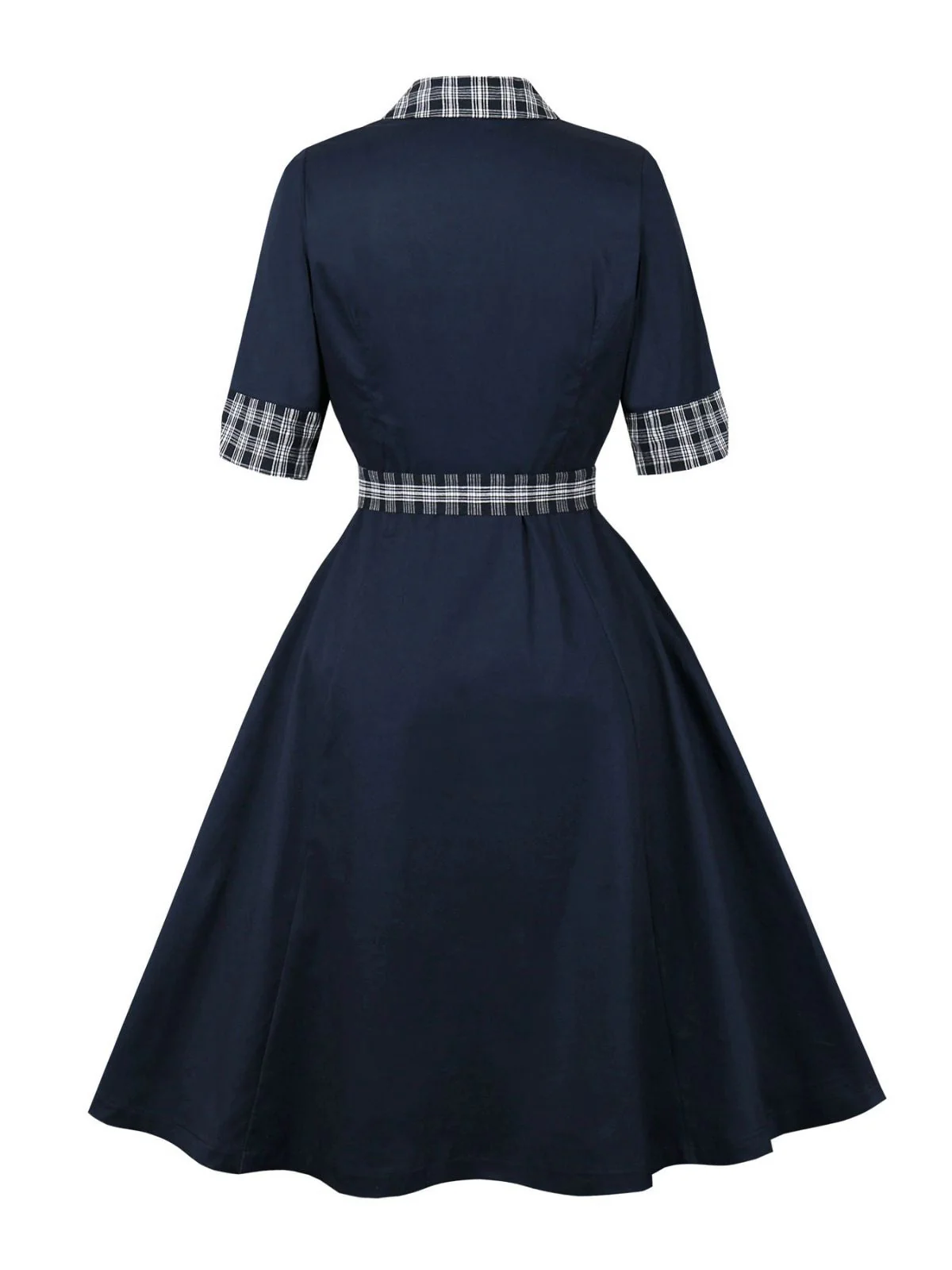 Blau 1950er Zweireihig Plaid Revers Gürtel Kleid - Image 2