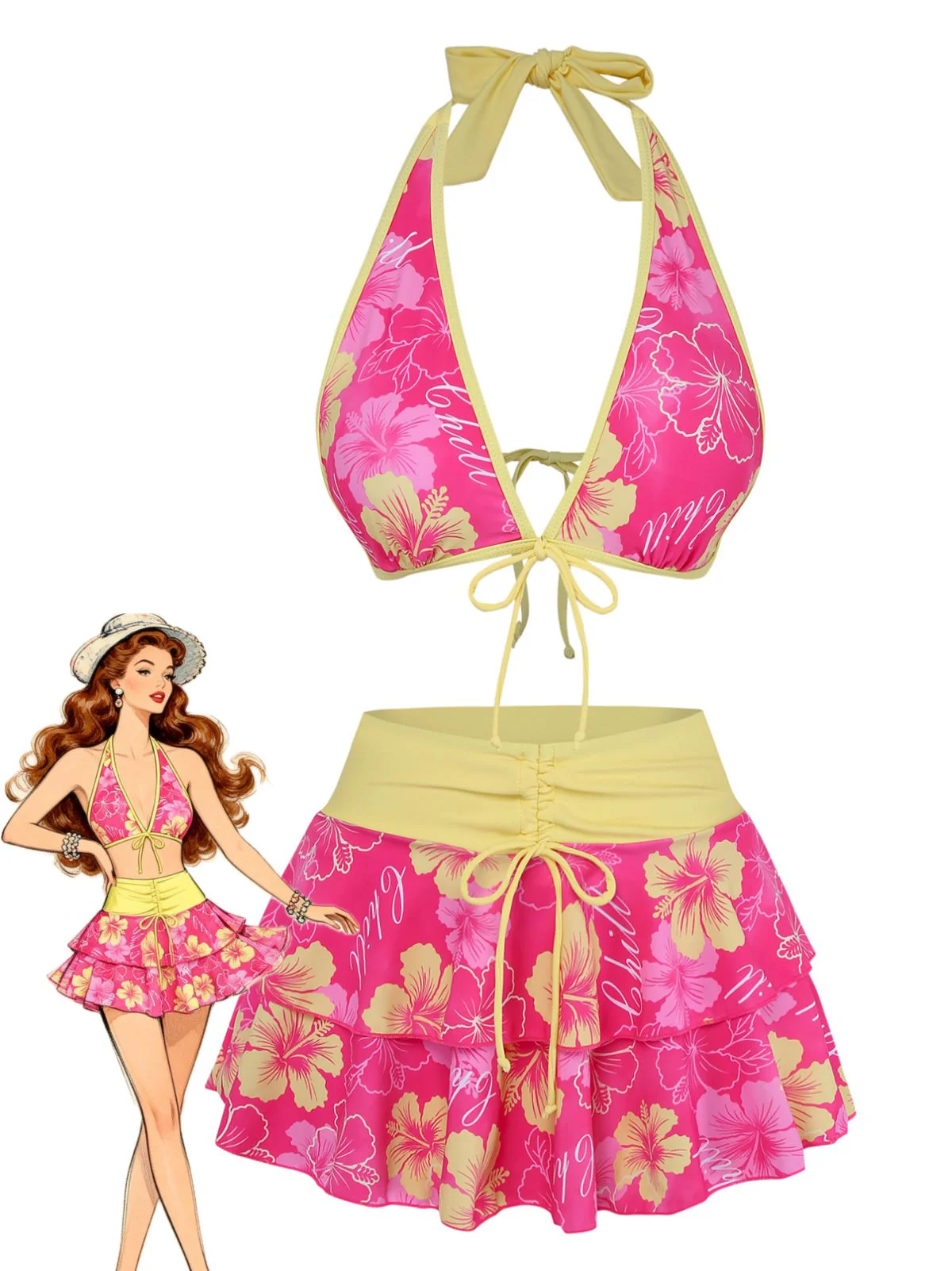 Braun 1960er Blumen Druck Bindefront Geschichtet Bikini Set - Image 2