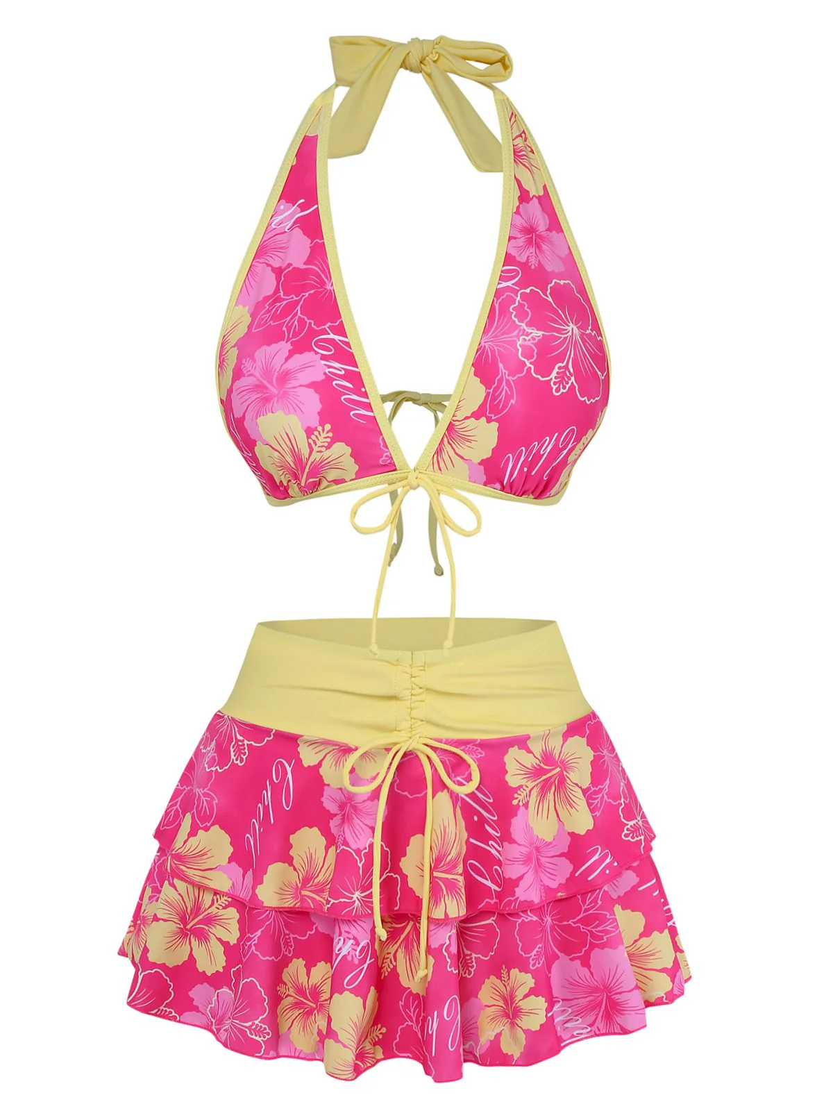 Braun 1960er Blumen Druck Bindefront Geschichtet Bikini Set - Image 3