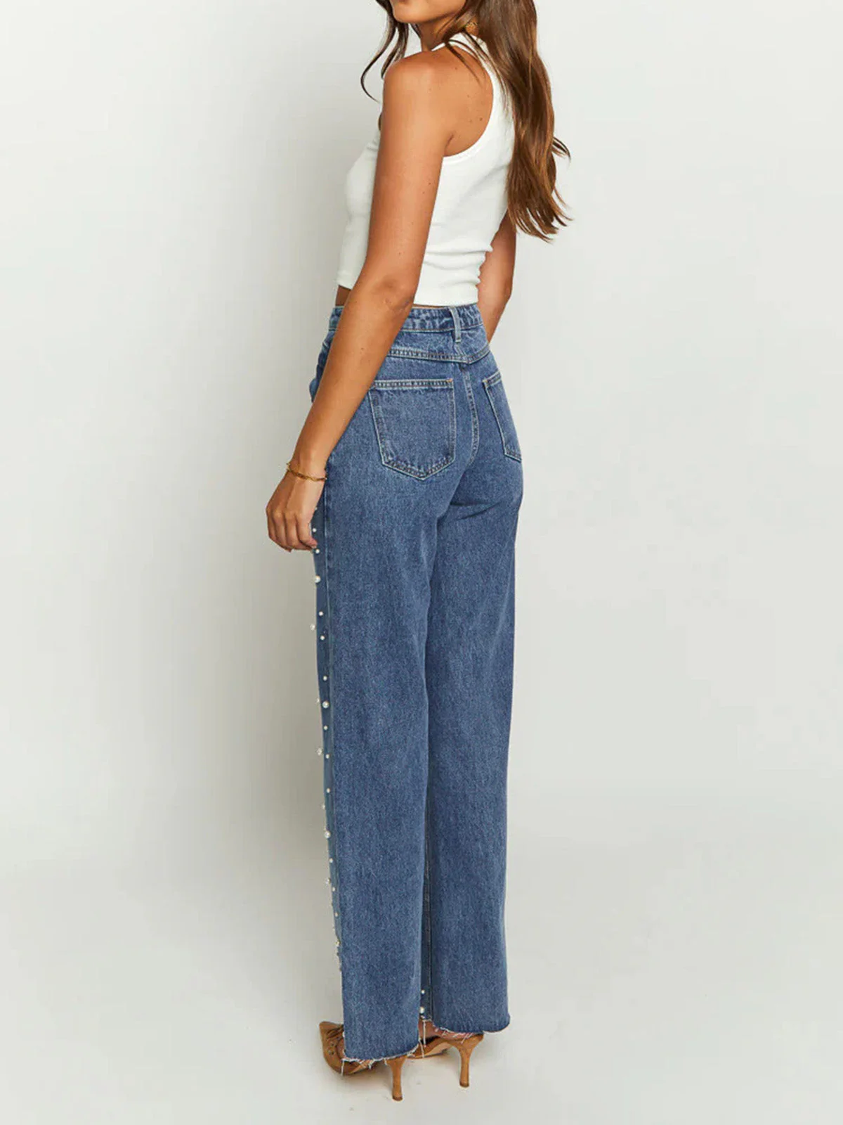 Blau 1960er Denim Perlen Gerades Bein Offener Saum Hose - Image 3