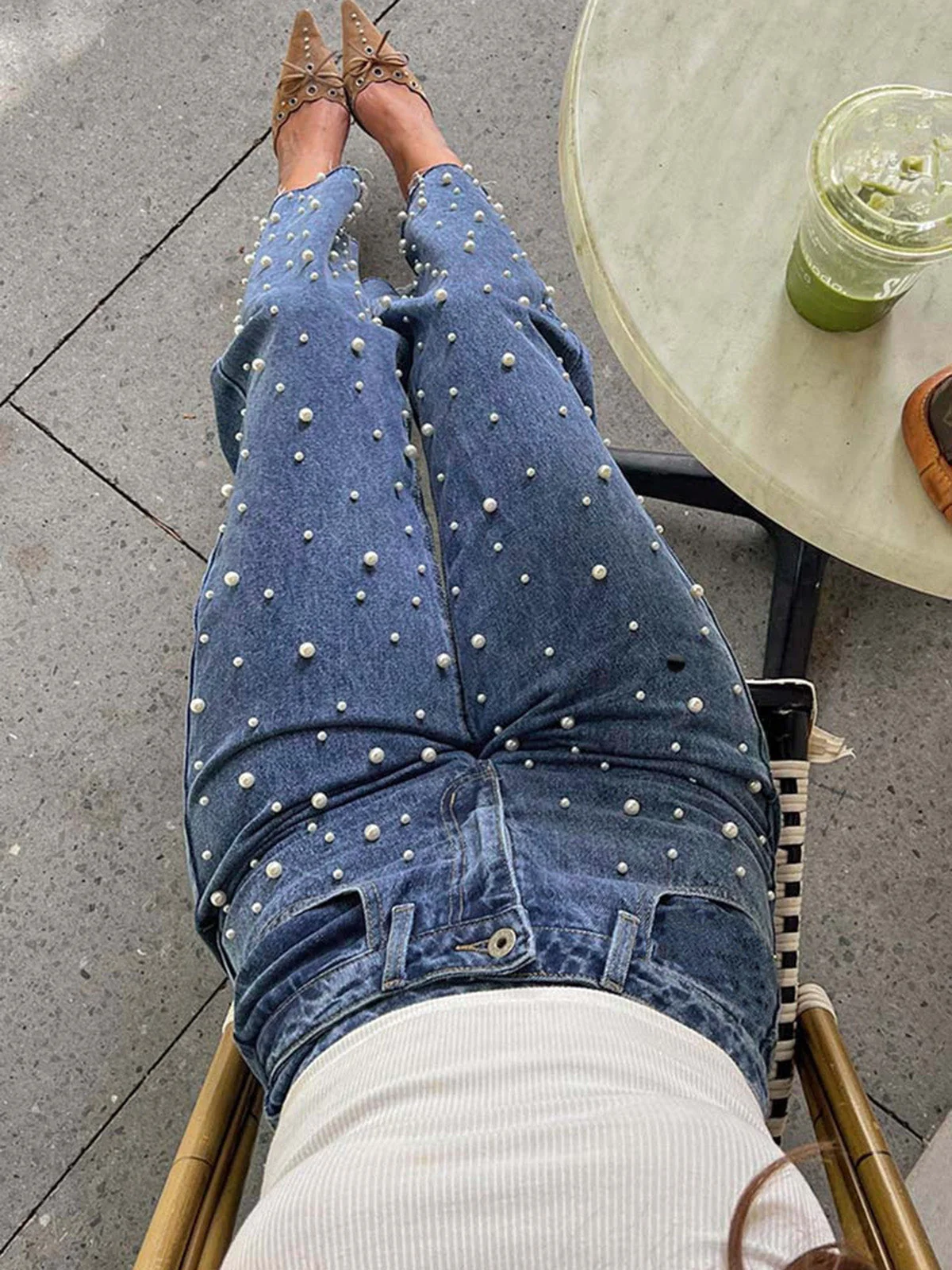 Blau 1960er Denim Perlen Gerades Bein Offener Saum Hose - Image 5