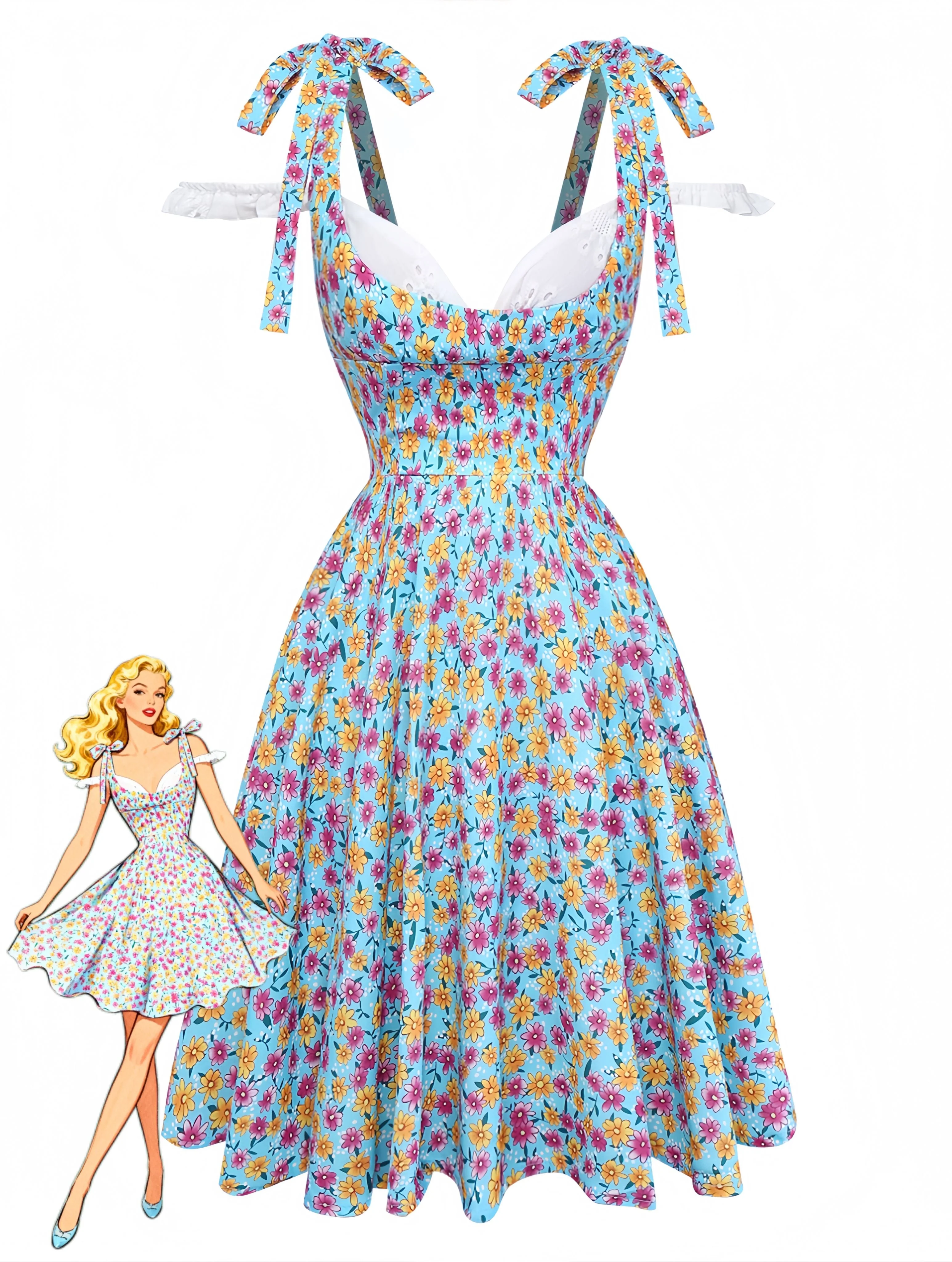 Blau 1960er Gänseblümchen V-Ausschnitt Schlitz Kleid