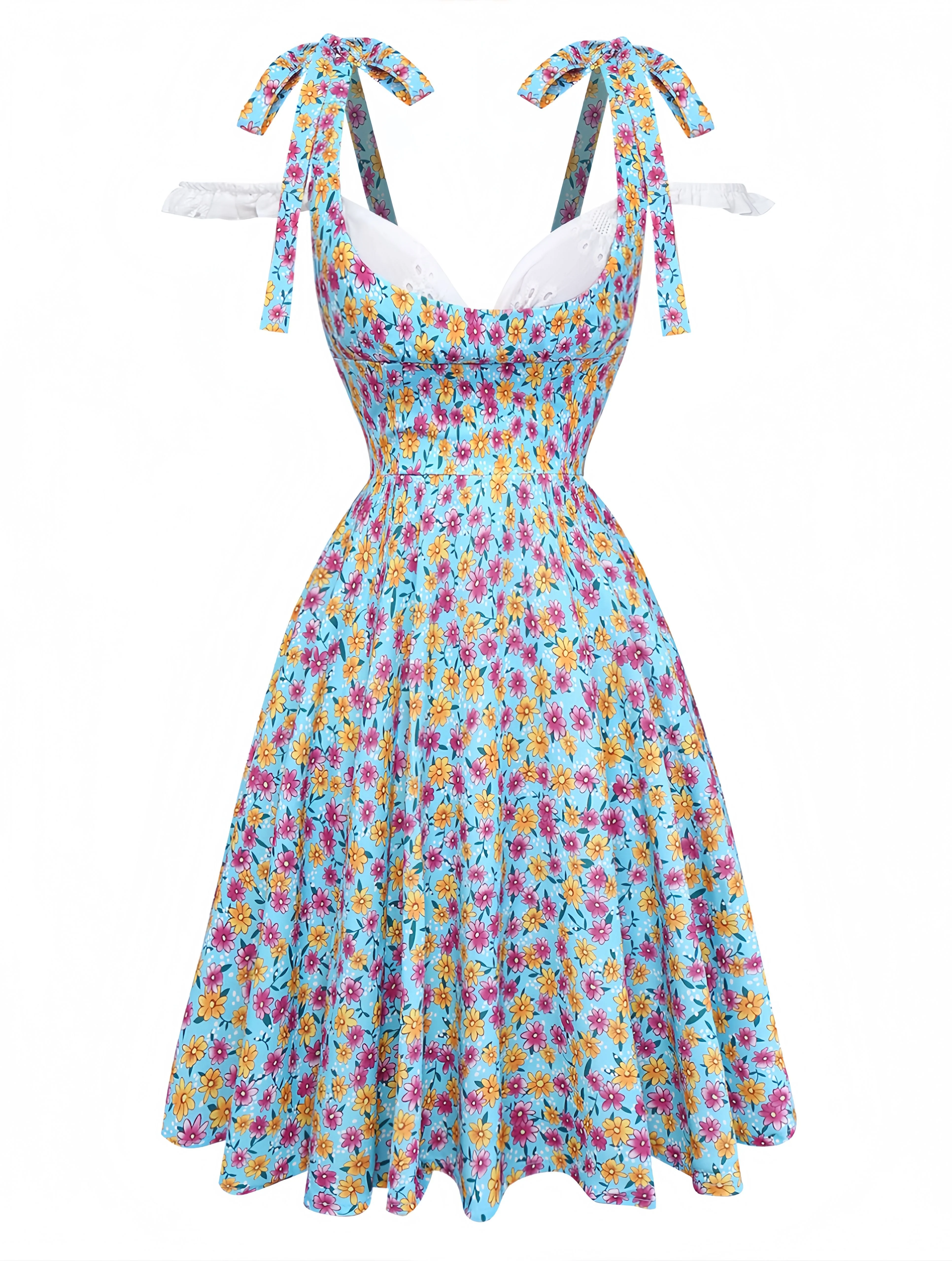 Blau 1960er Gänseblümchen V-Ausschnitt Schlitz Kleid - Image 2