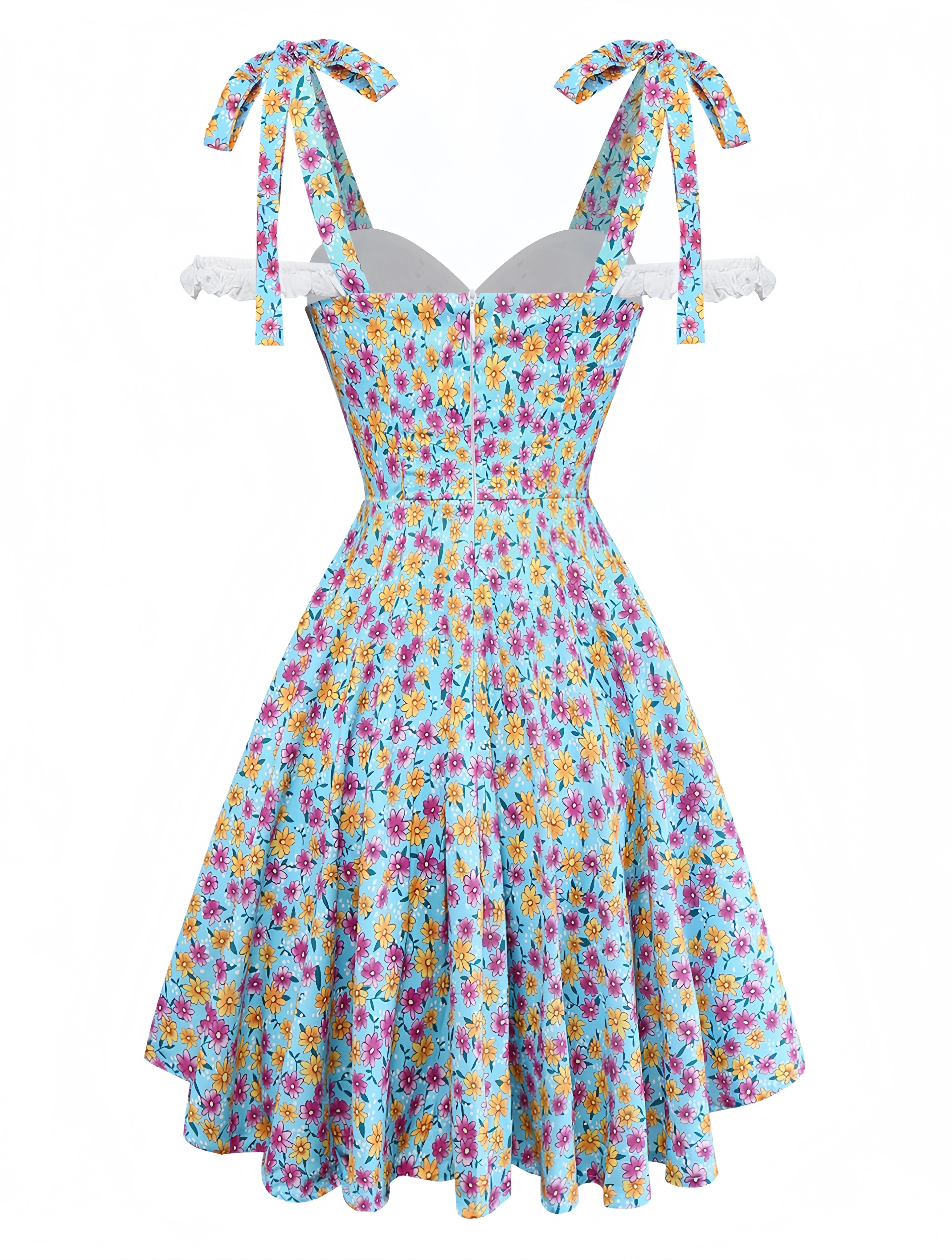 Blau 1960er Gänseblümchen V-Ausschnitt Schlitz Kleid - Image 3