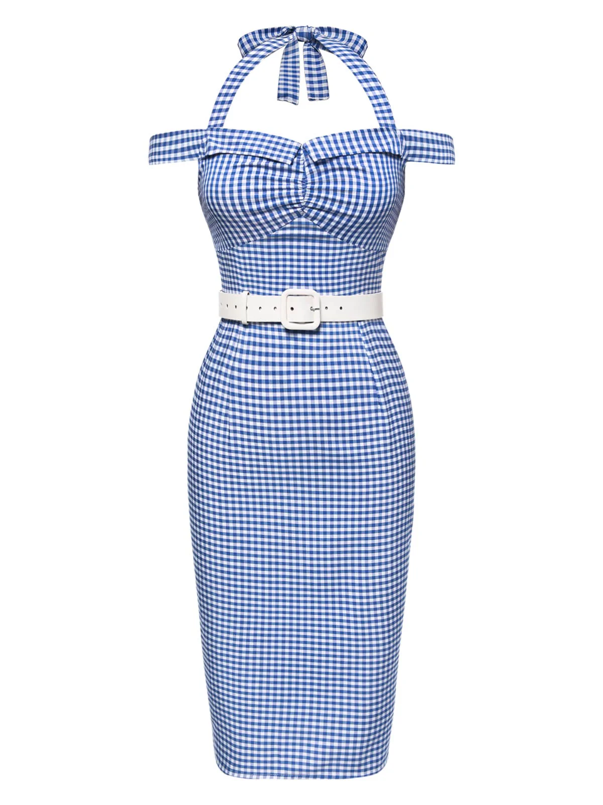 Blau 1960er Halter Eine Schulter Plaid Bleistift Kleid - Image 3