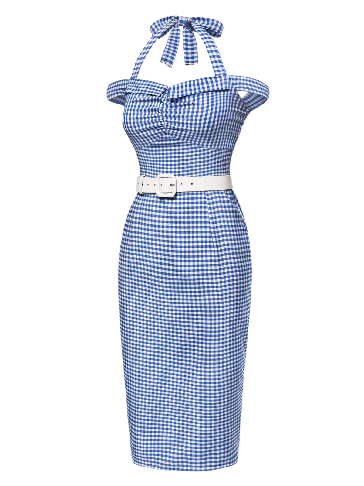 Blau 1960er Halter Eine Schulter Plaid Bleistift Kleid - Image 4