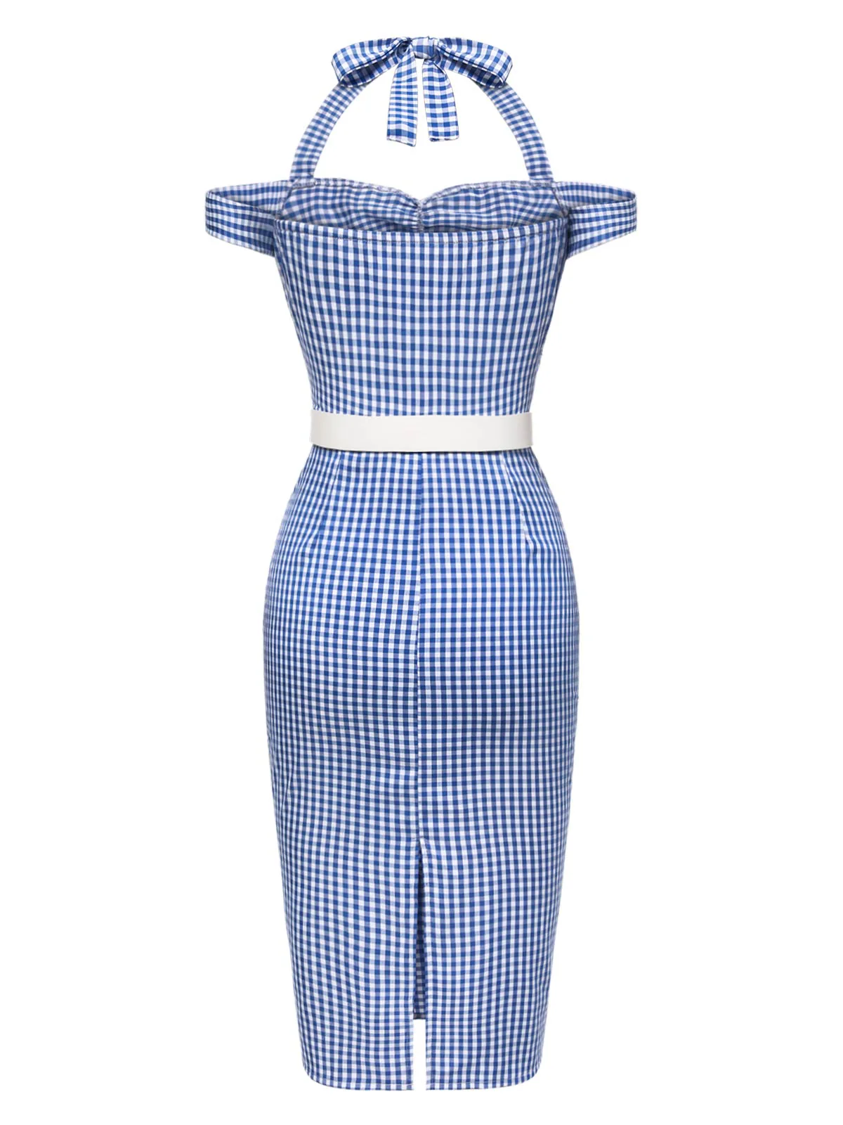 Blau 1960er Halter Eine Schulter Plaid Bleistift Kleid - Image 5
