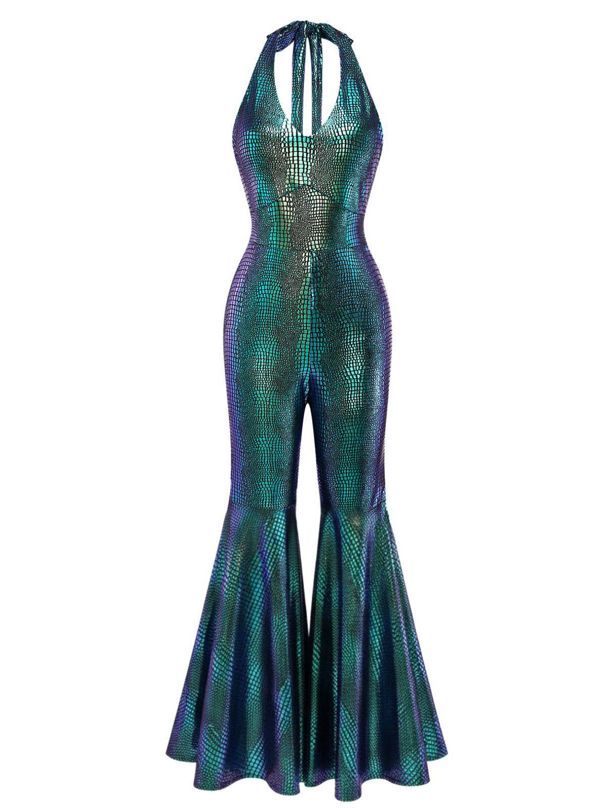 Blau 1960er Halter Metallic Irisierend Ausgestellt Jumpsuit - Image 2