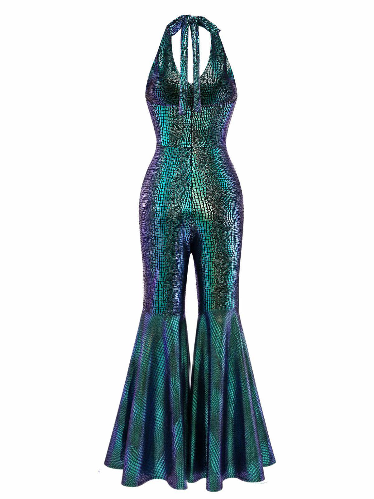 Blau 1960er Halter Metallic Irisierend Ausgestellt Jumpsuit - Image 3