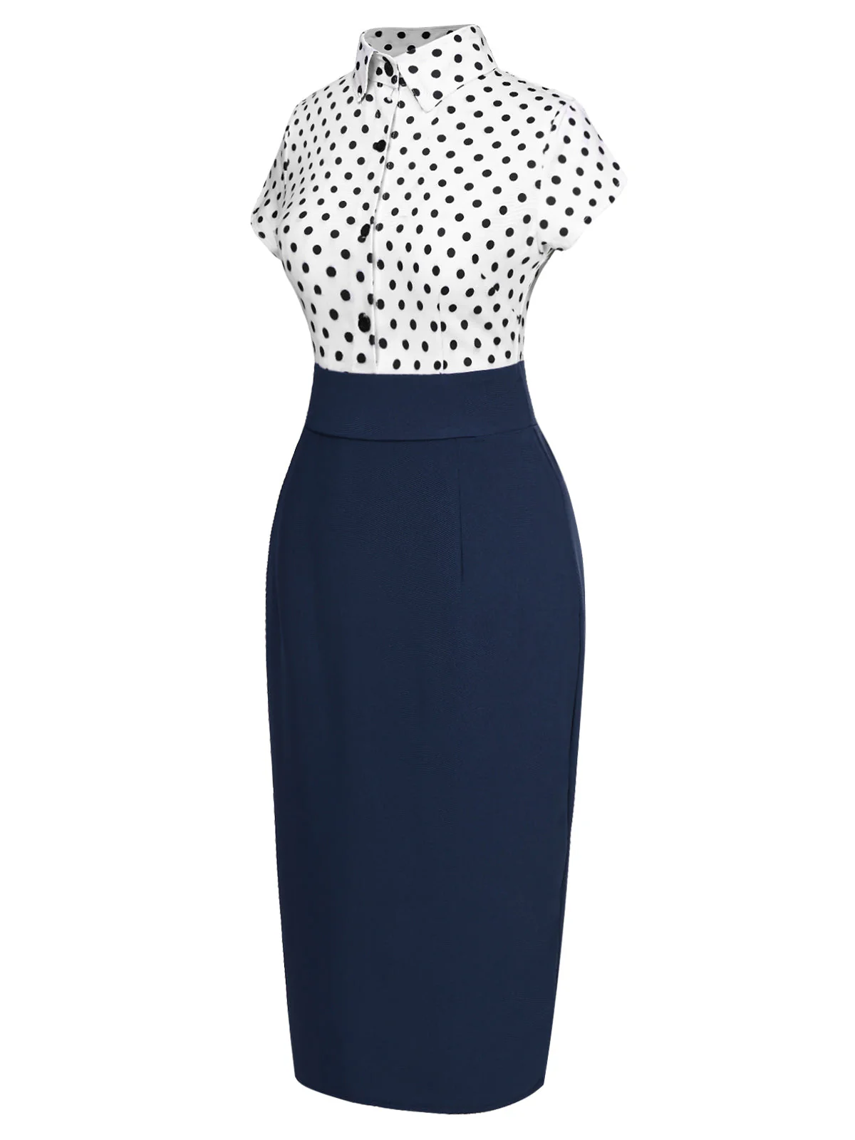 Blau 1960er Hemdkragen Polka Dots Patchwork Kleid - Image 3