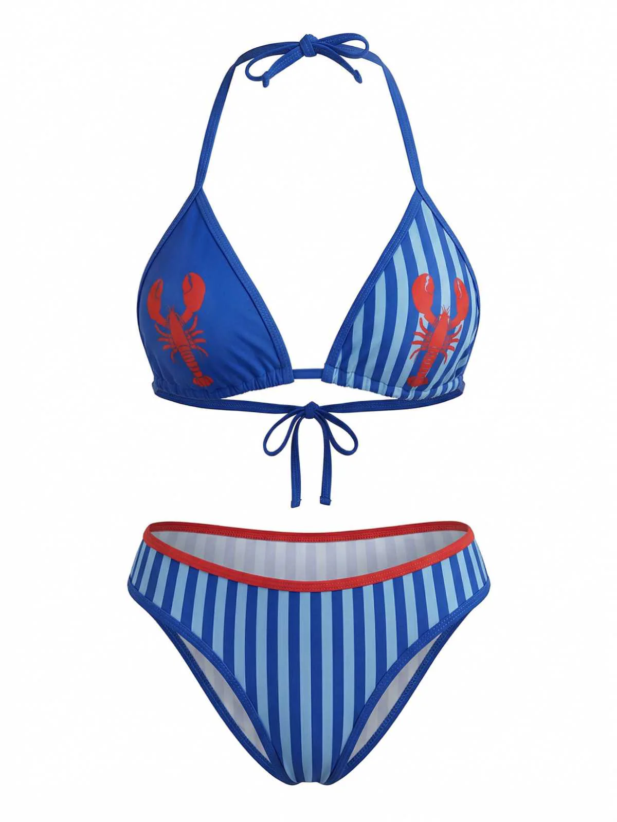 Blau 1960er Hummer Print Streifen Triangle Bikini Set - Image 2