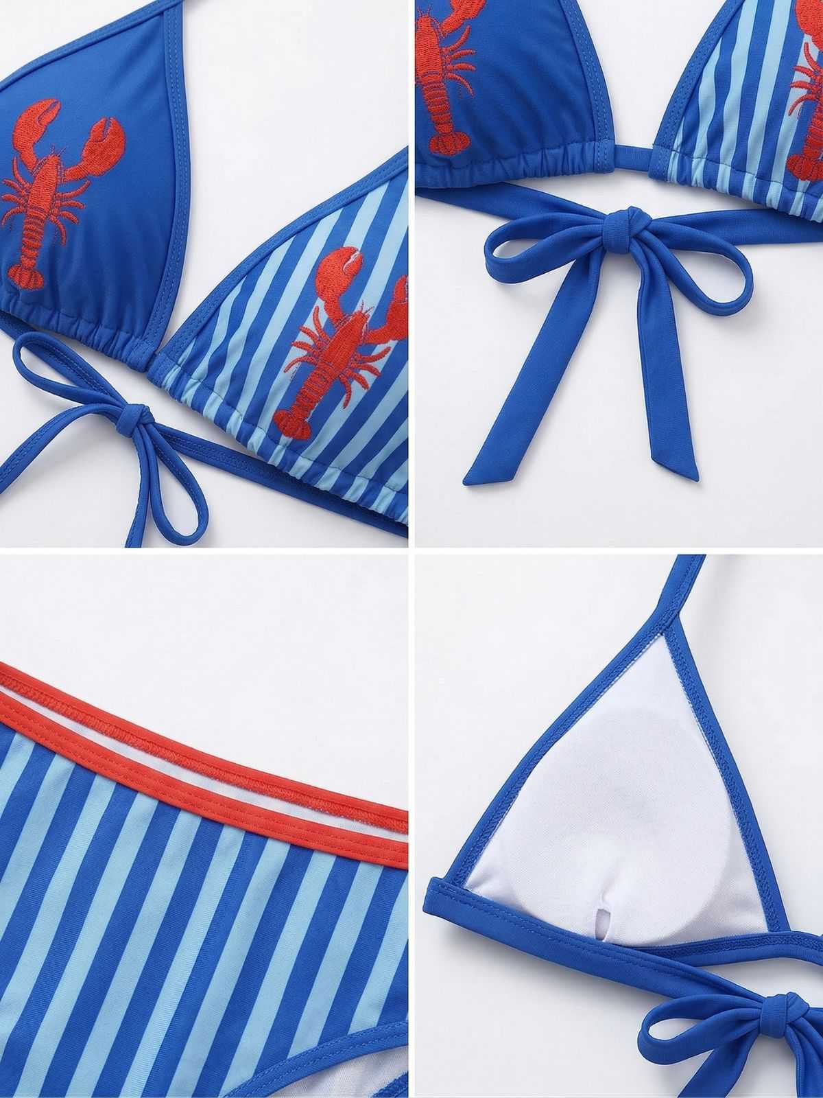 Blau 1960er Hummer Print Streifen Triangle Bikini Set - Image 4