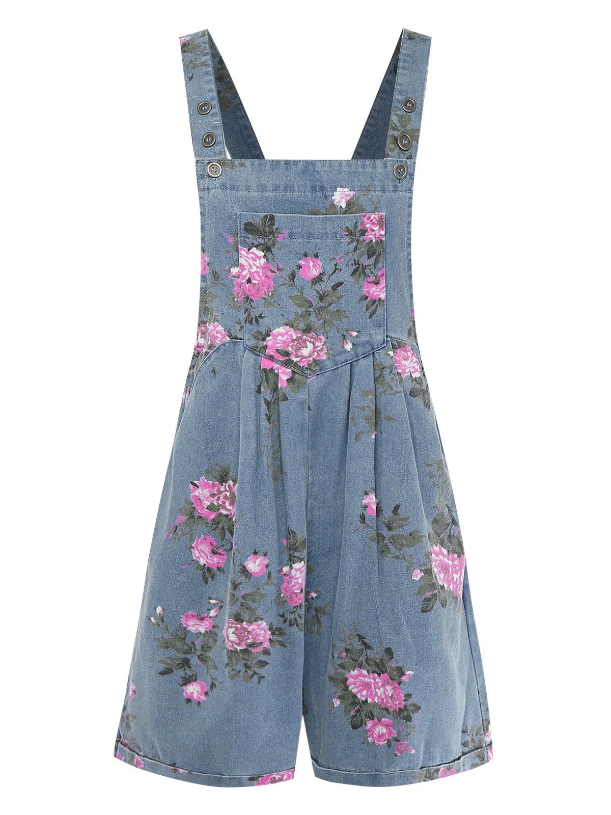 Blau 1960er Jeansstoff Blumen Breit Träger Romper - Image 2
