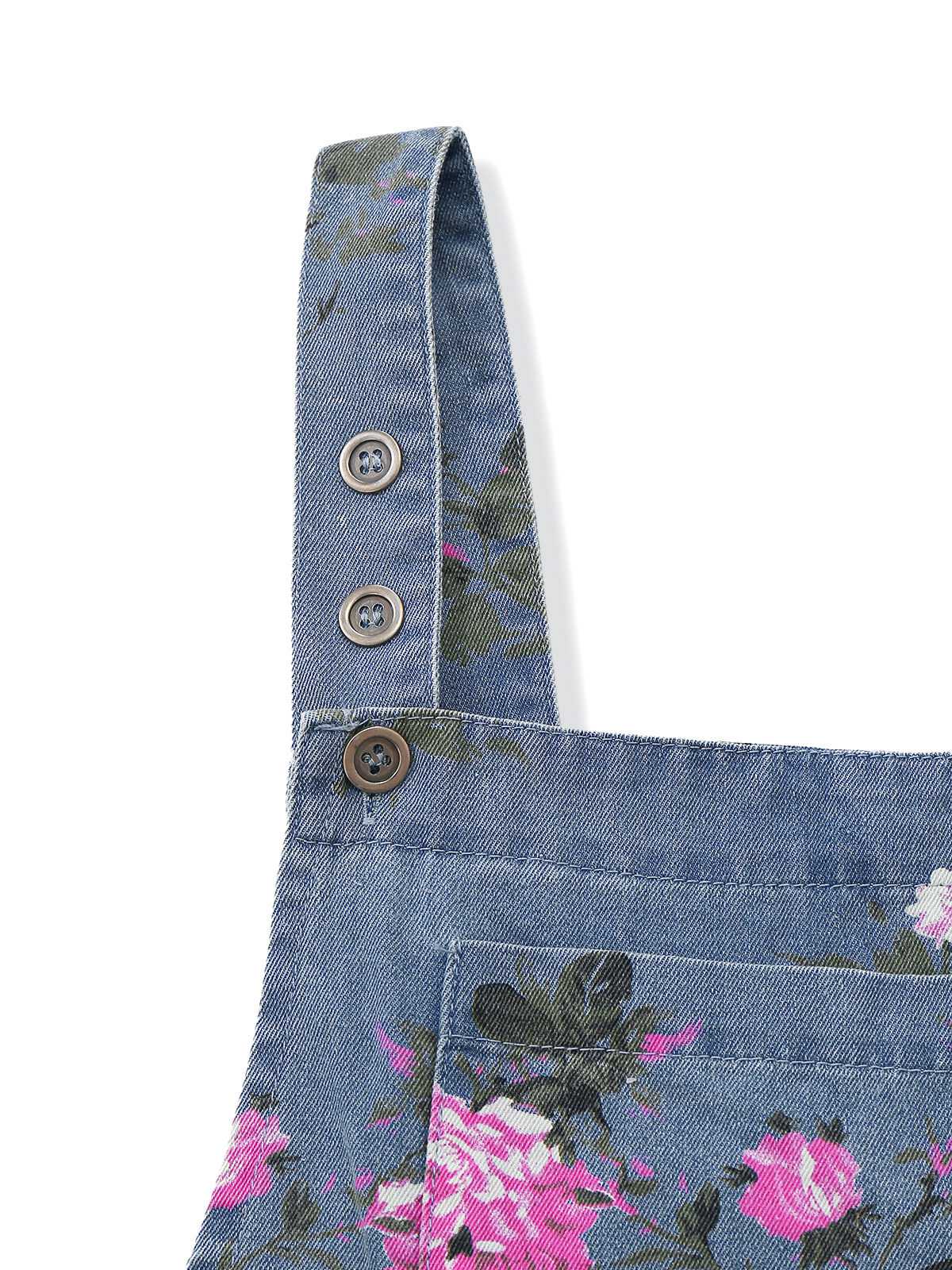 Blau 1960er Jeansstoff Blumen Breit Träger Romper - Image 6