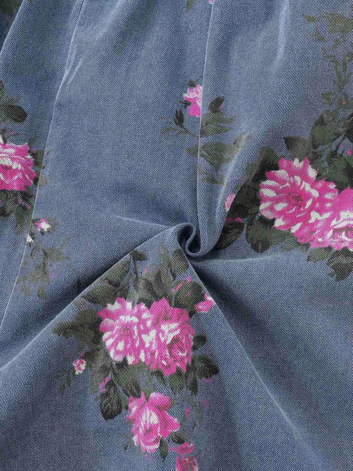 Blau 1960er Jeansstoff Blumen Breit Träger Romper - Image 7