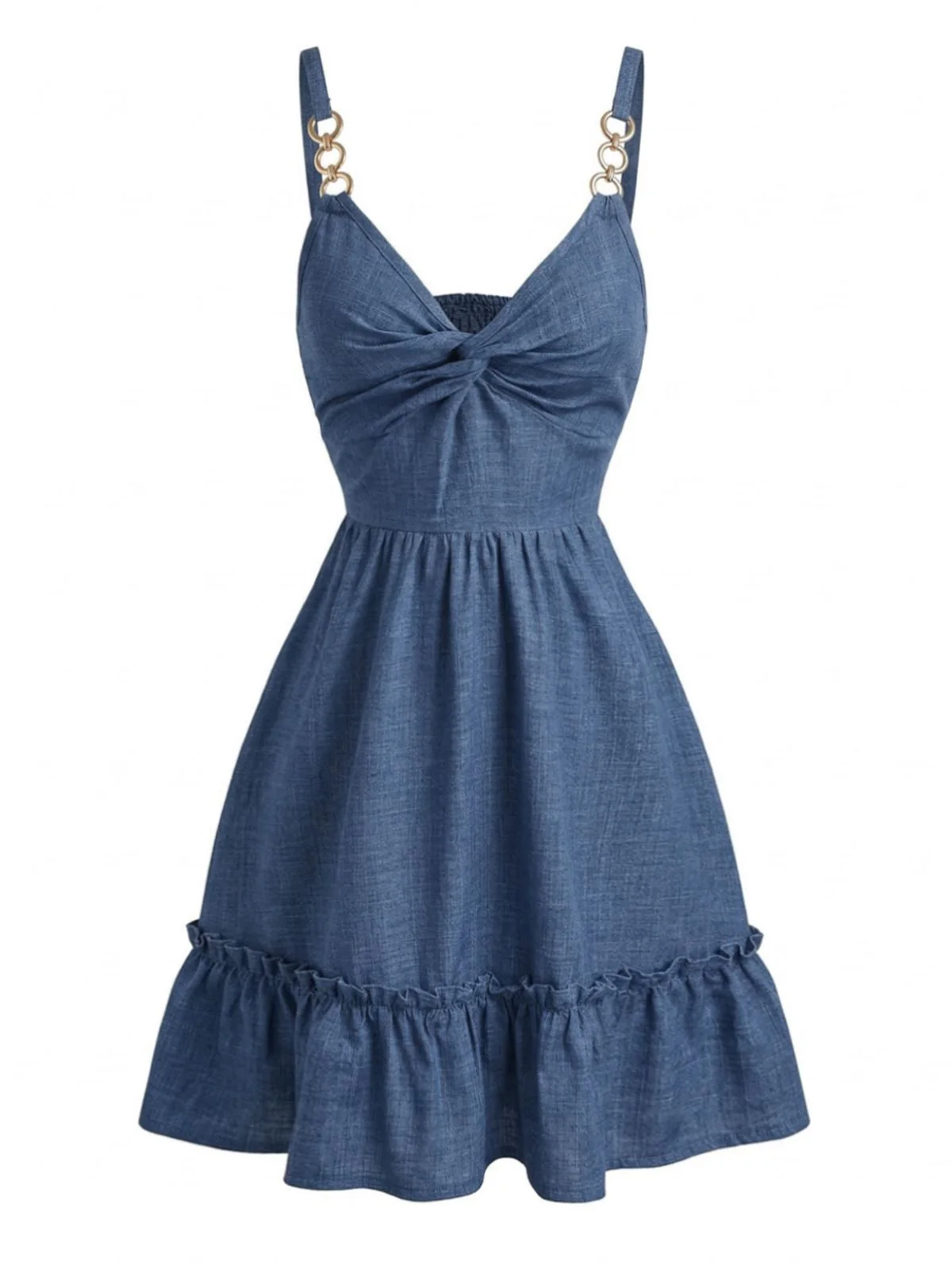 Blau 1960er Knoten-Detail Spaghetti Träger Rüschen Kleid - Image 3