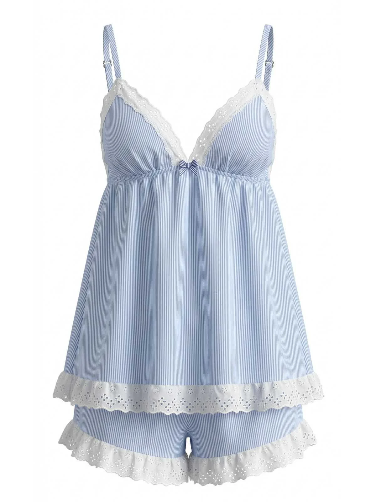 Blau 1960er Nadelstreifen Spitze Besatz Babydoll Pyjama Set - Image 2