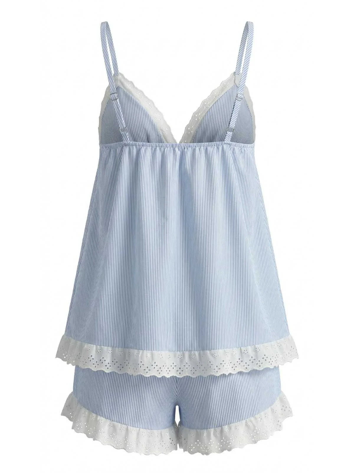Blau 1960er Nadelstreifen Spitze Besatz Babydoll Pyjama Set - Image 3