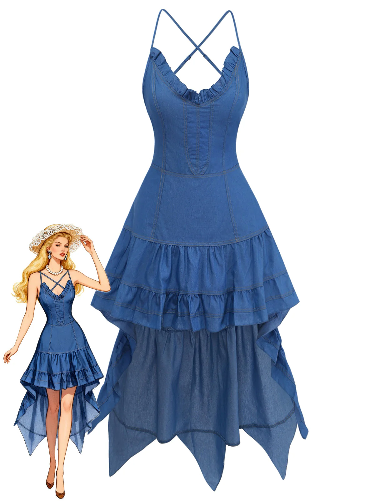 Blau 1960er Spaghetti Träger Denim High-Low-Saum Kleid