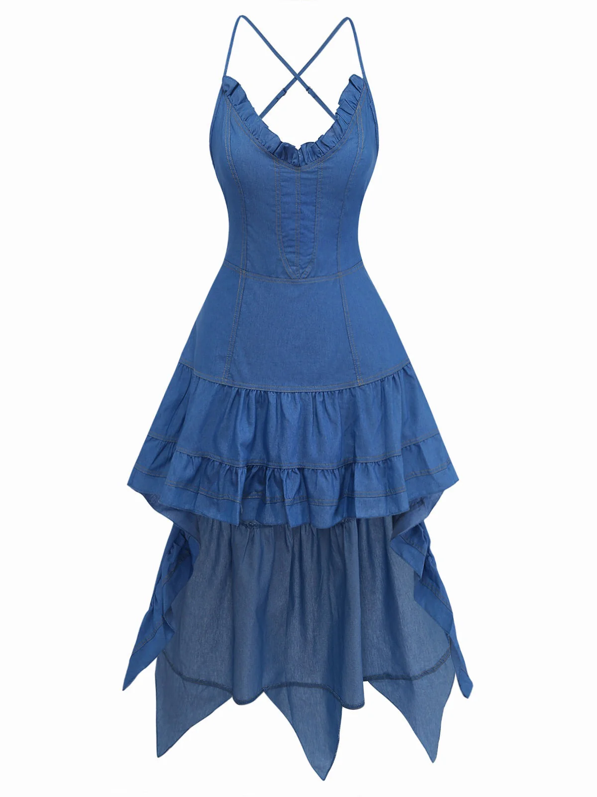 Blau 1960er Spaghetti Träger Denim High-Low-Saum Kleid - Image 2